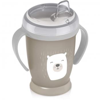LOVI Mi Taza Antigoteo de Bebé, Vaso de Aprendizaje Antiderrames, 250 ml,12+ Months, Beber sin Derramar, Sin BPA, Boquilla de Silicona Suave, Fácil de Limpiar, Buddy Bear, Gris