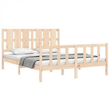 Estructura de cama de matrimonio con cabecero en madera maciza color marrón