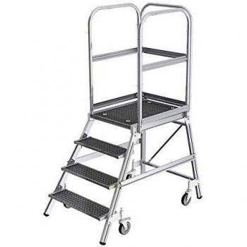 Escalera de Podio de Aluminio, 4 Escalas, Un Lado Accesible, con Plataforma y Rejilla de Acero