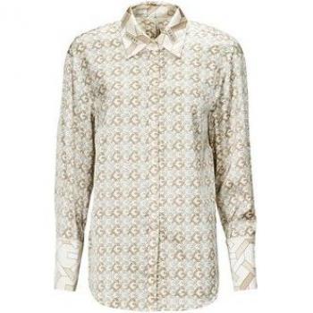 Guess All Over Logo Long Sleeve Shirt in Beige, Women's Size S, Multicolor Geometric Pattern
