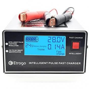 Etrogo Cargador Coche 12V 24V 10A 250W de Pulso Inteligente con Función Automática de Detección Reparación Mantenimiento con Pantalla LCD