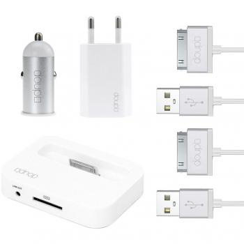 doupi - 5en1 Cargador de coche y de escritorio del sistema de carga para el iPhone 4 4S 1x Estación de acoplamiento 1x Cargador de coche 1A 1x adaptador de carga 2x 30pin de carga USB Cable de datos, blanco