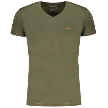 Green Cotton V-Neck T-Shirt with Print - XL