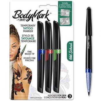 BodyMark by BIC - Marcadores y Plantillas para Tatuajes Temporales, Kit Old School, Pack de 3+2, Multicolor