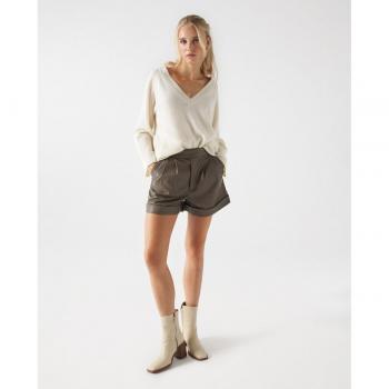 Pantalón corto de mujer efecto piel de tiro alto color marrón