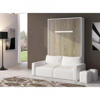 Cama abatible vertical de 90x190 con sofá de almacenamiento Espacia de alta gama - Frontal nogal y sofá blanco