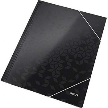 Carpeta Esquinera Leitz WOW A4, Cartón Negro, 15 mm, Con Goma Elástica y 3 Solapas Protectoras