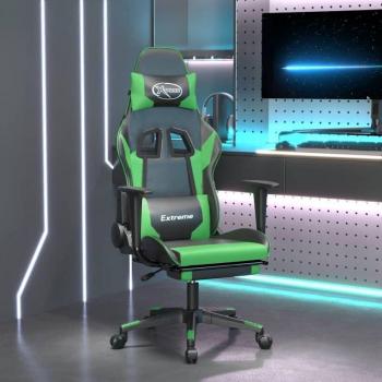 Silla Gaming de Masaje con Reposapiés en Cuero Sintético Negro y Verde