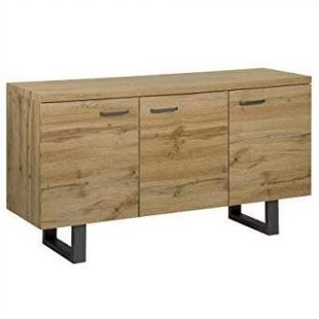 Aparador industrial de 3 puertas en madera clara con base metálica gris y asas de aluminio, gabinete independiente con estantes