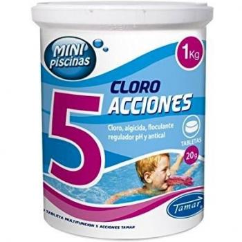 Tamar Cloro 5 Acciones, Tabletas Multifuncion de 20 grs, Especial para Mini Piscinas, 1 Kilo.