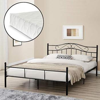 Cama Doble Florencia con Cabecero Curvado, Colchón y Somier Metálico 160 x 200 cm - Negro
