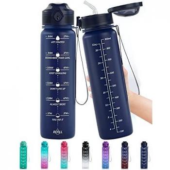Lunidry Botella de Agua Deportiva, 1L Reutilizable Motivacional Botella Agua Sin Bpa Tritan Plástico con Marcador de Tiempo & Pajita para Niños, Deporte, Gym, Gimnasio, Bicicleta, Trekking