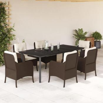 7-Piece Brown Poly Rattan Garden Dining Set with Cushions