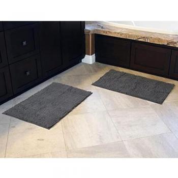 ORANIFUL Alfombra Baño Juego 2 Piezas Suelo Gris Antideslizante Alfombrillas Chenilla Super Absorbente Alfombras Pequeñas Shaggy Lavable a Maquina para Dormitorio y Cocina 45x60 cm