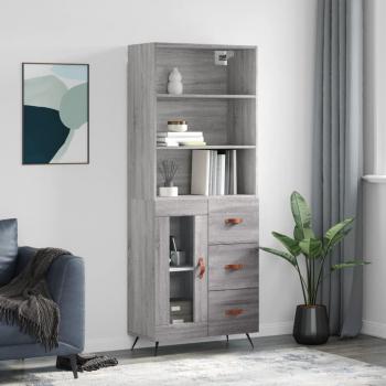 Aparador alto de madera contrachapada gris sonoma 69,5x34x180 cm con 1 puerta de cristal y 3 cajones, mueble de almacenaje para salón