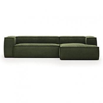 Sofá Blok 3 plazas con chaise longue derecho en pana gruesa verde 300 cm - Kave Home