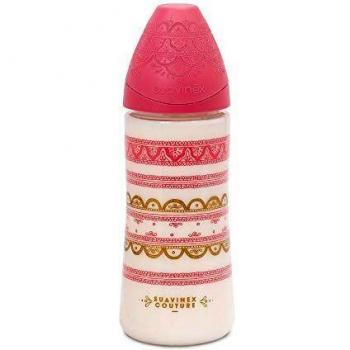 Suavinex, Biberón con tetina redonda boca ancha de silicona, para bebés +4 meses, Rosa Oscuro, 360 ml