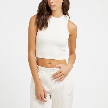 Guess Rib Knit Crop Tank Top - Beige Slim Fit Women's Top