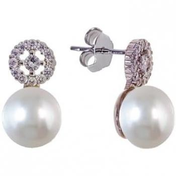Pendientes Plata Ley 925 Mujer Rodiados con Perlas de 7.2mm y Circonitas de 9mm