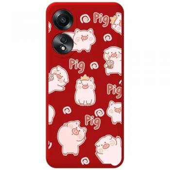 Funda de Silicona Líquida Roja con Diseño de Cerdos para Oppo A58 4G