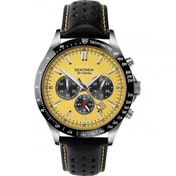 Reloj de Hombre Sekonda Chronograph 1395 con Caja Plateada, Dial Amarillo y Correa de Cuero