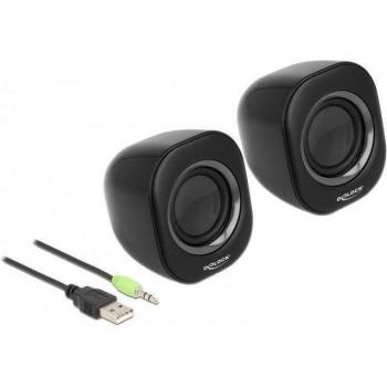 Altavoz Mini Estéreo para PC Delock - 2 Watt, Conexión Jack de 3.5 mm y Alimentación USB, Color Gris y Negro