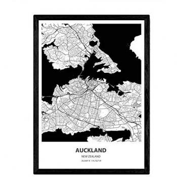 Póster Mapa de Auckland - Nueva Zelanda, Lámina en Color Negro con Mares y Ríos, Tamaño A4