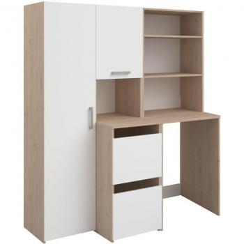 Mueble para lavadora con estantes, armarios y columna de almacenaje - Natural claro y blanco - L156 x H184 cm - ERKANO