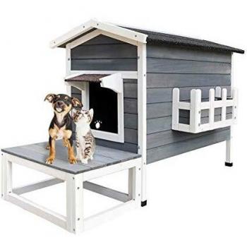Gatera Casita para Gatos con Terraza y Zona Cubierta - Accesorios de Exterior para Mascotas en Jardín