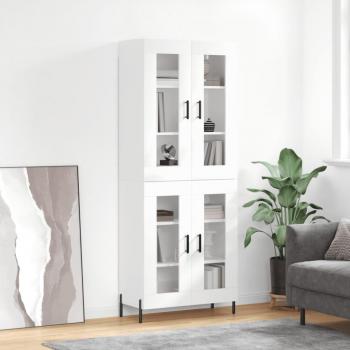 Aparador alto de madera contrachapada blanco brillo 69,5x34x180 cm con 2 puertas de cristal, mueble de almacenaje para salón, buffet y armario auxiliar