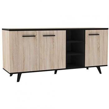 Aparador Comedor Wayne Color Roble y Negro 161x44x73 con 3 puertas, 3 huecos, estantes regulables
