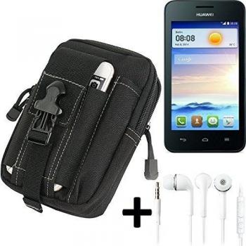 Bolsa del cinturón / funda para Huawei Ascend Y330, negro + auriculares | compartimientos adicionales con el espacio para el banco de la energía, disco duro, etc. - K-S-Trade