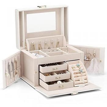 Caja de joyas Vlando de piel sintética, organizador con espejo, almacenamiento para collar, anillo, caja para guardar, regalo de cumpleaños, regalo de boda, Blanco, White-Cross Pattern