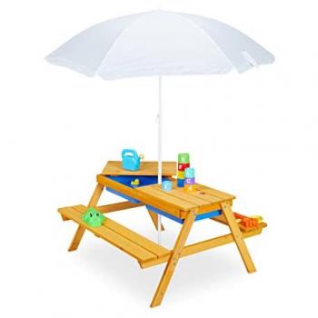 Mesa Pícnic Infantil con Sombrilla y 2 Bancos de Madera, Ideal para Juegos con Arena y Agua, Natural - Relaxdays