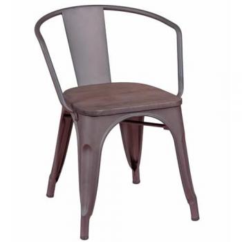 Silla industrial envejecida con reposabrazos y asiento de madera - Bistro - Estructura metálica lacada - Asiento de Madera Maciza - Almohadillas de Goma Antideslizantes
