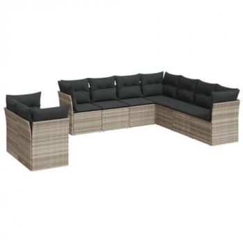 Set de Muebles de Jardín 9 Pzas con Cojines en Ratán Sintético Gris Claro