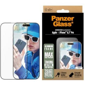 Protector de Pantalla PanzerGlass con Marco de Aluminio Ultra-Wide Fit para iPhone 16 Pro - Resistente a Rayones y Golpes