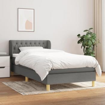 Cama box spring con colchón tapizado en tela gris oscuro 100x200 cm, incluye somier, muelles ensacados, acolchado reversible y funda protectora