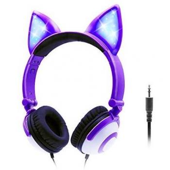 ONTA Auriculares para Niños con LED Brillante De Gatos Monos para Oído, Plegable, Cancelación De Sonido y Ajustables, Auriculares De Pequeños para Niños y Niñas