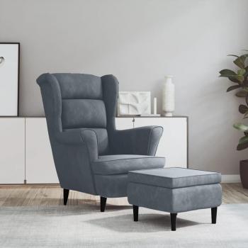 Sillón orejero con reposapiés de terciopelo gris oscuro