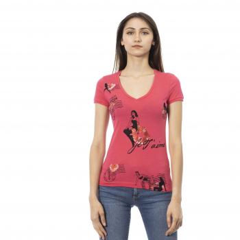 Trussardi Action Pink Cotton Tops & T-Shirt - L, Chic V-Neck Tee with Frontprint, Female, Size: L