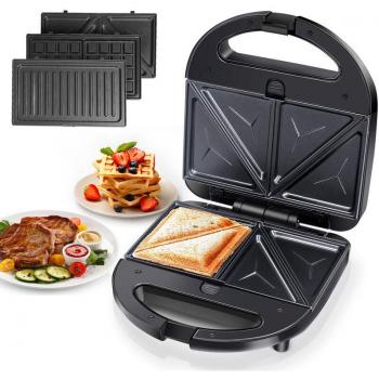 Sandwichera 3 en 1 Aigostar Robin - Grill, gofrera y sandwichera, 750W, placas antiadherentes extraíbles, termostato hasta 215ºC, almacenamiento vertical y asa de toque frío