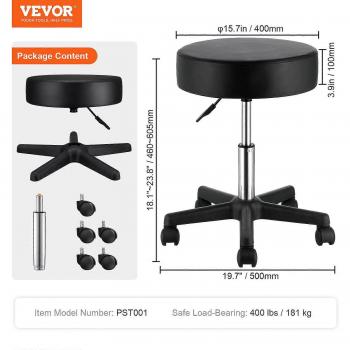 Mophorn Adjustable Height Rolling Stool with Wheels, 400 LBS Capacity, Ultra-Thick Cushion for Salon, Bar, Home, Office and Tattoo Use
