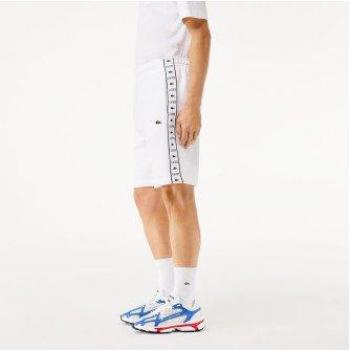 Pantalón corto jogger de felpa blanco Lacoste para hombre con raya del logo