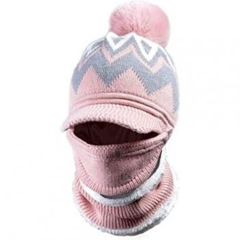 WLLLTY Sombrero Mujer 3 en 1, Gorro de Invierno con Visera, Bufanda Circular, Conjunto de mascarilla, Forro de Felpa de Punto, pompón a Prueba de Viento, Calavera