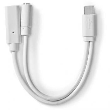 Adaptador USB-C a 3.5 mm hembra y USB-C hembra, 0.1 m, USB 2.0, redondo, niquelado, PVC blanco