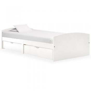 Cama individual con estructura de madera maciza y 2 cajones en color blanco