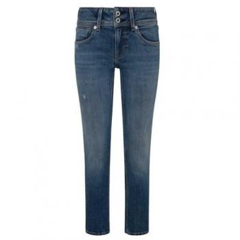 Jeans rectos de mujer Pepe Jeans slim de tiro bajo con detalles rotos, azul denim sostenible