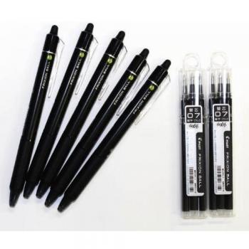 Pilot FriXion Ball Knock Clicker Pluma de Gel Borrable Retractable - 0.7 mm - Negro LFBK-23F-B - Juego de 5 bolígrafos y 6 recargas de tinta negra LFBKRF30F3B