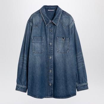 Valentino Men's Denim Shirt with V Detail in Blue, Size 50, Style Code: 5V3DB02XAA6